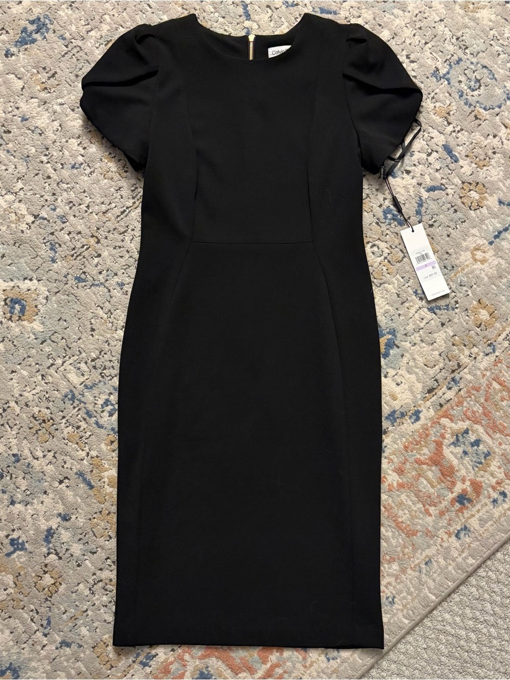 NWT: Calvin Klein Black Midi Dress with Puff Sleeves